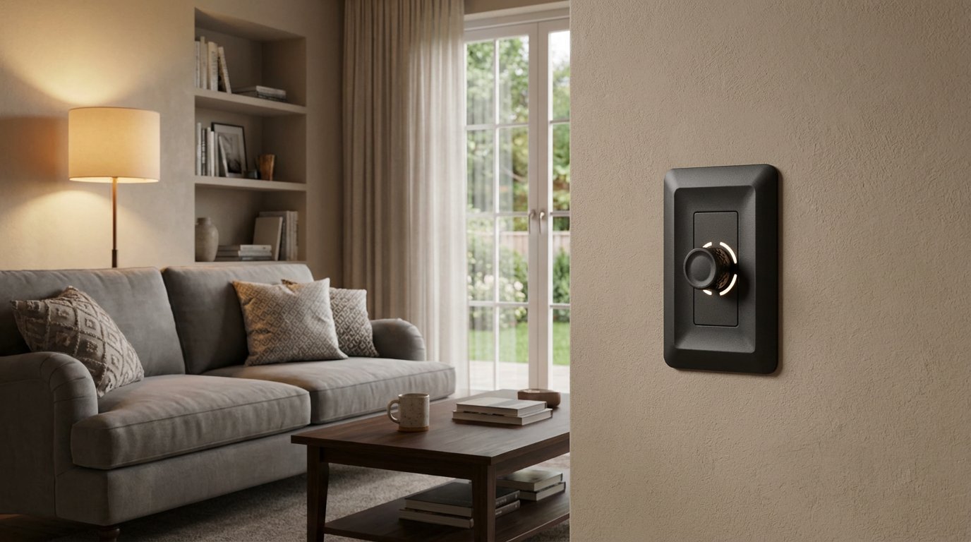 A black Aspen rotary dimmer on the wall of a living room, its LED indicator ring lit