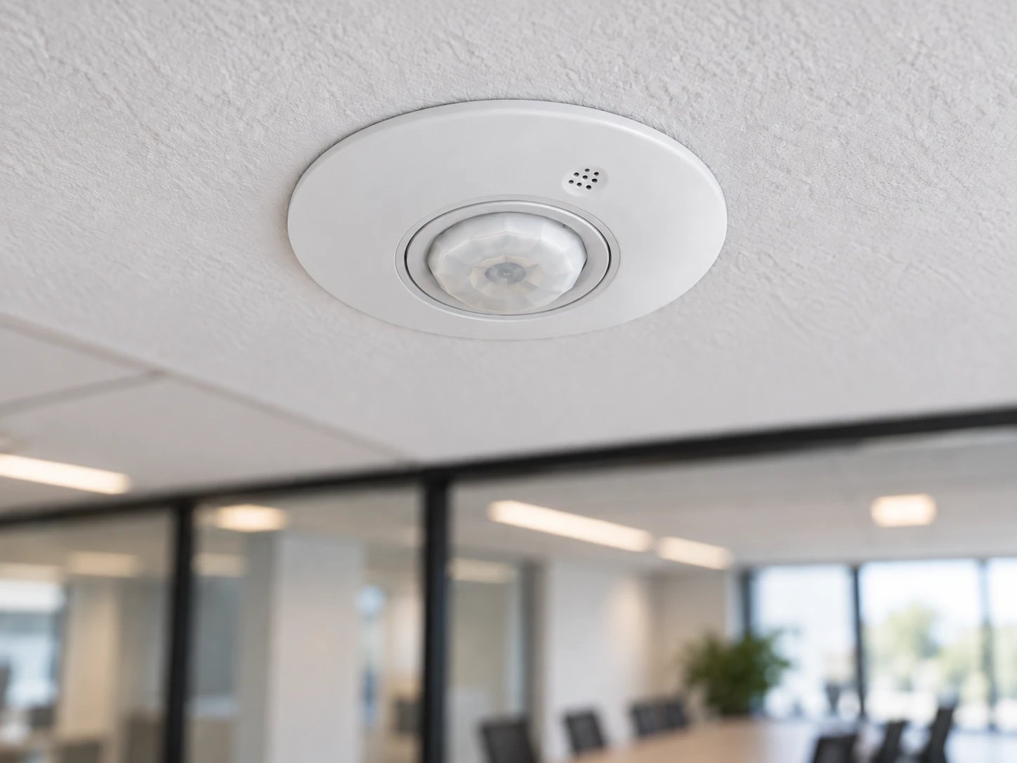 A white Sierra sensor flush in the ceiling of a glass-walled conference room