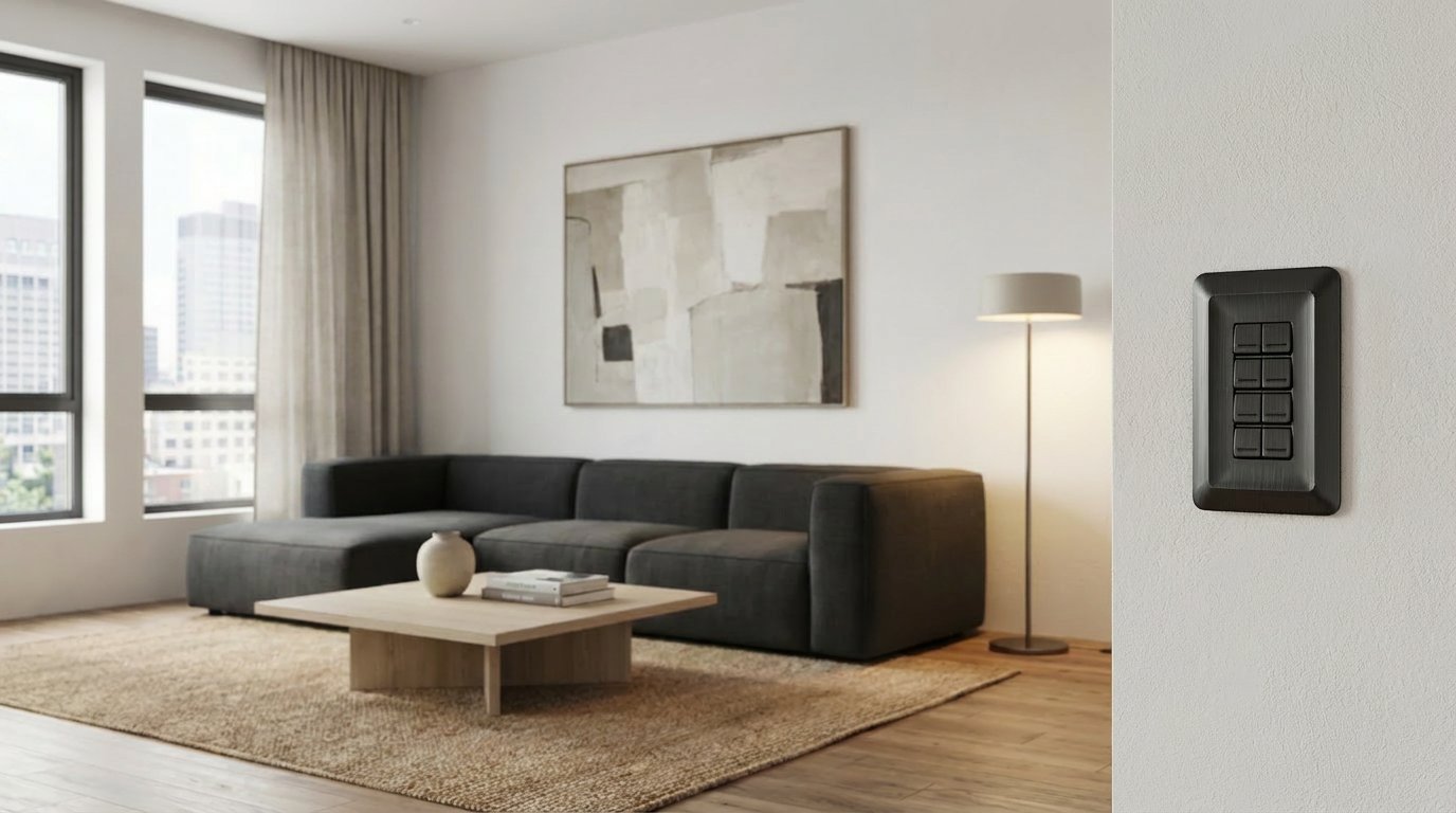 An eight-button Tahoma in anodized aluminum on the wall of a loft living room